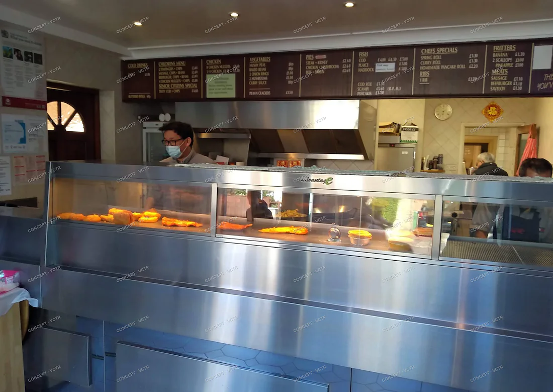 The counter and menu board inside the Histon Village Fryer